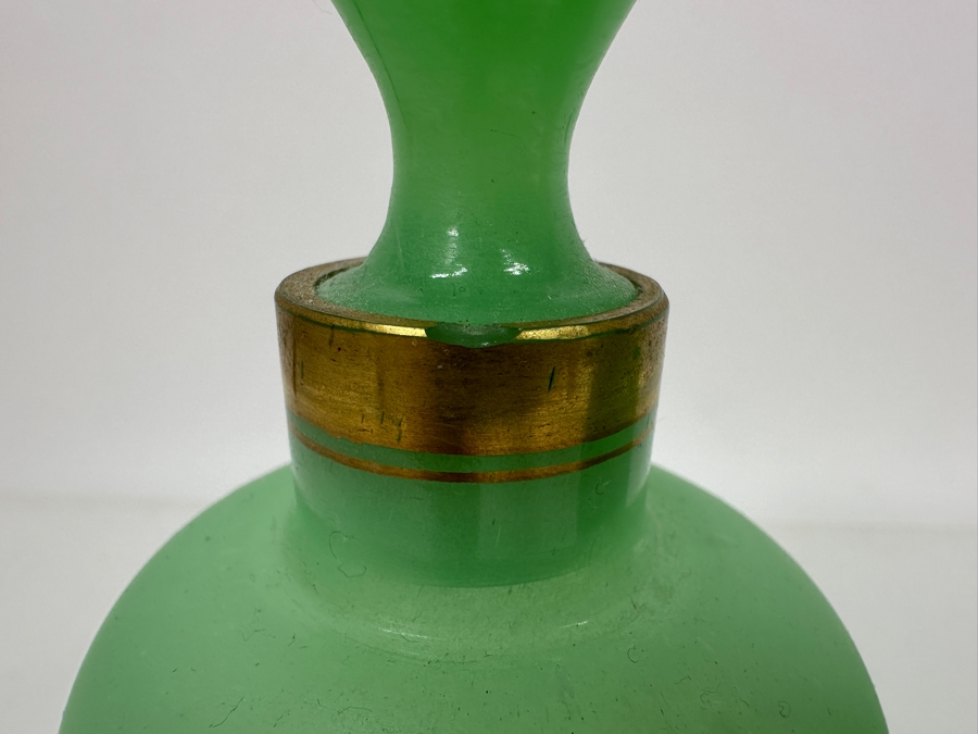 Antique Opaline Glass: Pair Of Green Matte Bottles With Stoppers 7'H Appraised $180 [Photo 4]