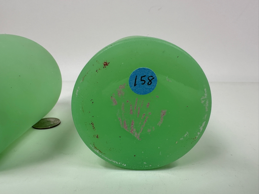 Antique Opaline Glass: Pair Of Green Matte Bottles With Stoppers 7'H Appraised $180 [Photo 8]