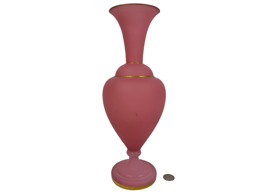 Antique Opaline Glass: Pink Vase With Gold Decor 13'H Appraised $325
