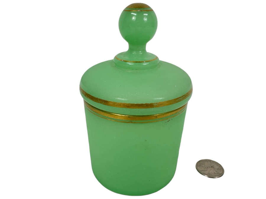 Antique Opaline Glass: Green Powder Box With Lid 5.25'H Appraised $75