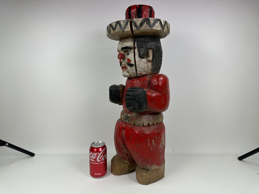 Vintage Mexican Folk Art Carved Wooden Tree Trunk Sculpture Cowboy With Pistol And Bullet Belt 24'H [Photo 4]