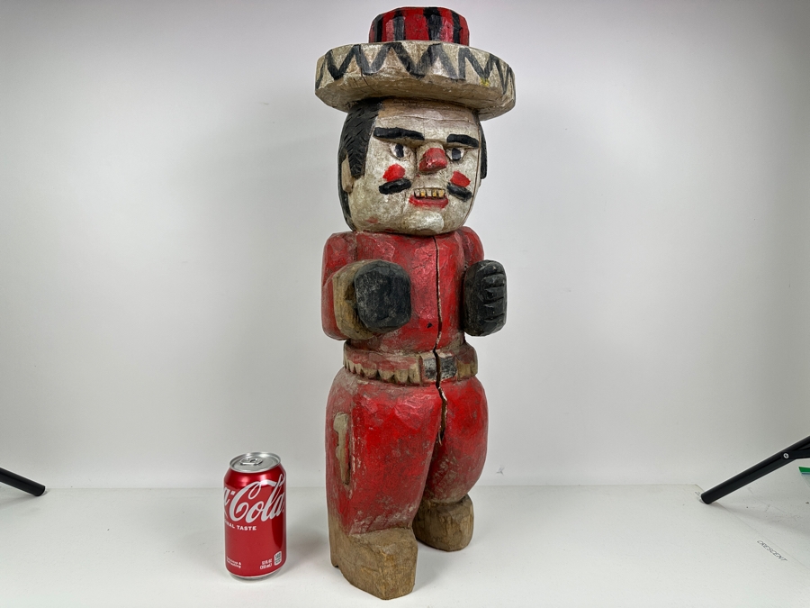 Vintage Mexican Folk Art Carved Wooden Tree Trunk Sculpture Cowboy With Pistol And Bullet Belt 24'H [Photo 13]