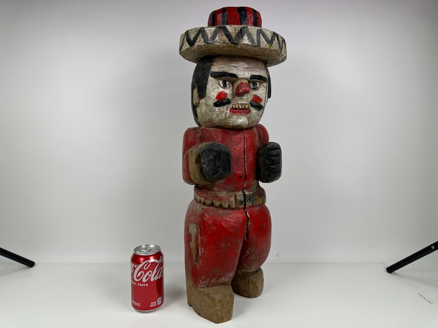 Vintage Mexican Folk Art Carved Wooden Tree Trunk Sculpture Cowboy With Pistol And Bullet Belt 24'H [Photo 12]