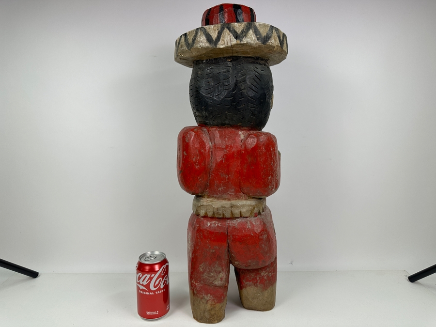 Vintage Mexican Folk Art Carved Wooden Tree Trunk Sculpture Cowboy With Pistol And Bullet Belt 24'H [Photo 9]