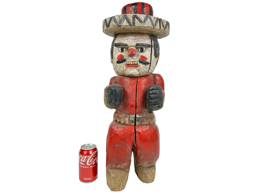 Vintage Mexican Folk Art Carved Wooden Tree Trunk Sculpture Cowboy With Pistol And Bullet Belt 24'H [Photo 1]