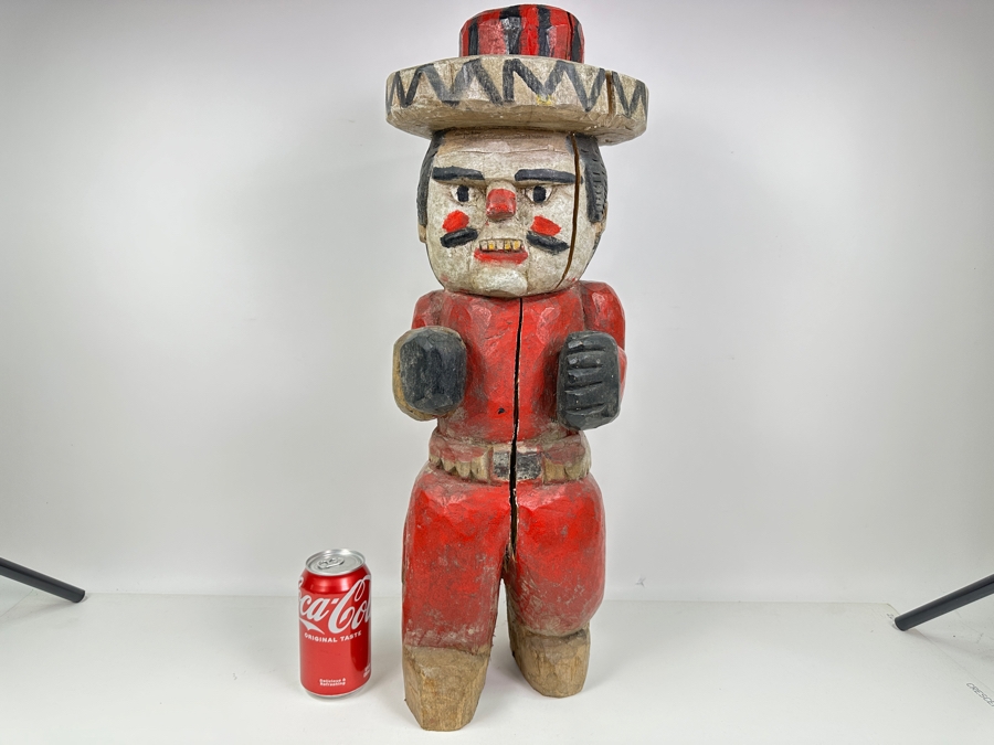 Vintage Mexican Folk Art Carved Wooden Tree Trunk Sculpture Cowboy With Pistol And Bullet Belt 24'H [Photo 2]