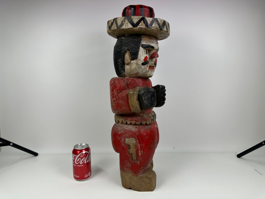 Vintage Mexican Folk Art Carved Wooden Tree Trunk Sculpture Cowboy With Pistol And Bullet Belt 24'H [Photo 3]
