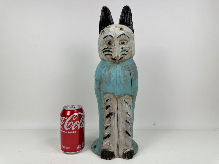 Vintage Carved Wooden Polychrome Folk Art Cat Sculpture 16'H [Photo 2]