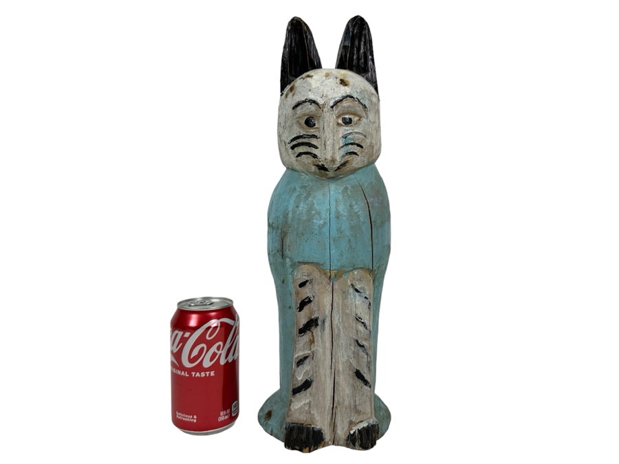 Vintage Carved Wooden Polychrome Folk Art Cat Sculpture 16'H [Photo 1]