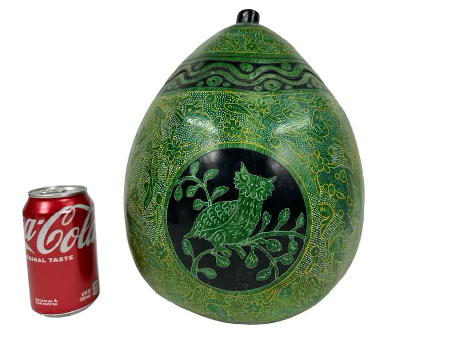Large Exquisitely Carved Hand Painted Gourd Box With Lid 10'W X 12'H [Photo 1]