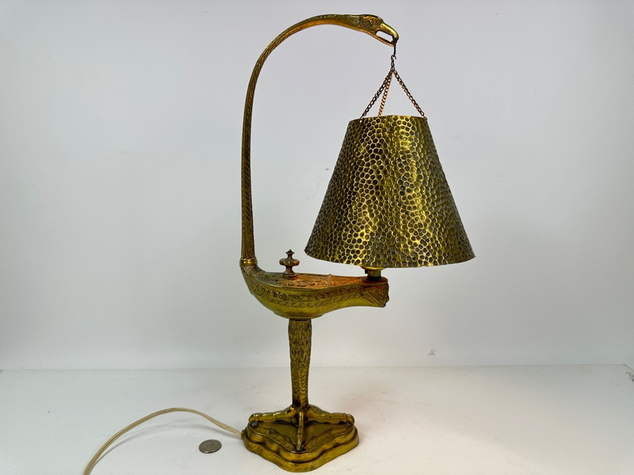 Vintage French Brass Aladdin Genie Style Table Lamp With Hanging Shade Muller Freres Style 18'H [Photo 8]