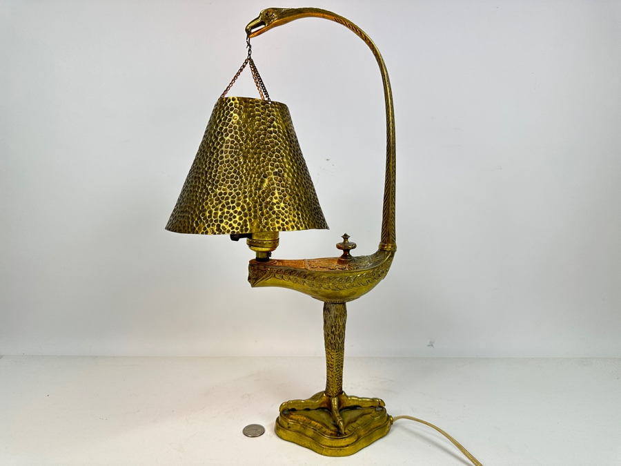 Vintage French Brass Aladdin Genie Style Table Lamp With Hanging Shade Muller Freres Style 18'H [Photo 2]