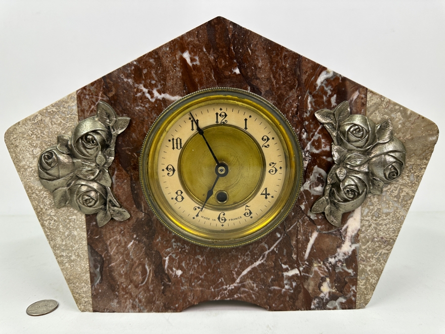 Vintage French Marble With Applied Metal Roses Mantle Clock Converted To Modern Quartz Movement Working 13'W X 5'D X 9'H [Photo 2]