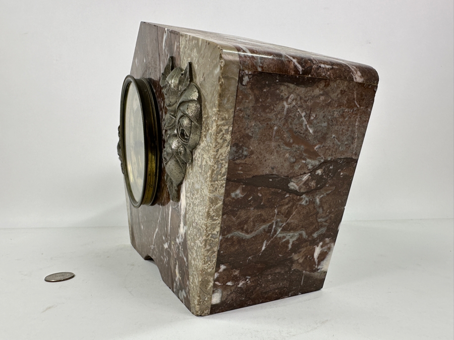 Vintage French Marble With Applied Metal Roses Mantle Clock Converted To Modern Quartz Movement Working 13'W X 5'D X 9'H [Photo 8]