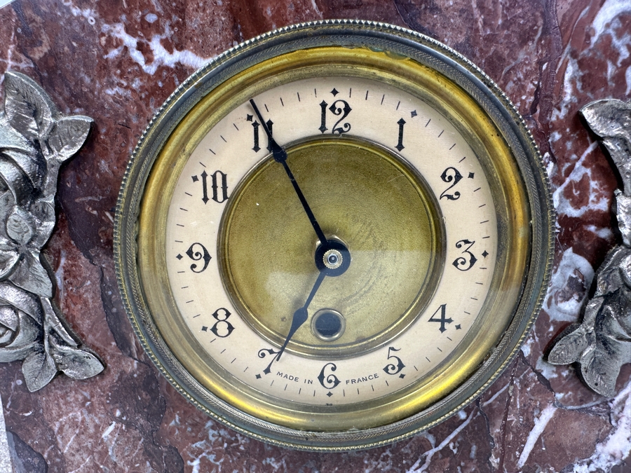 Vintage French Marble With Applied Metal Roses Mantle Clock Converted To Modern Quartz Movement Working 13'W X 5'D X 9'H [Photo 3]