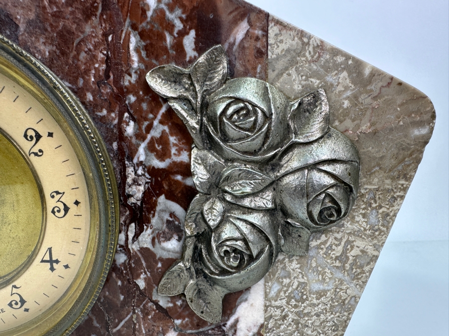 Vintage French Marble With Applied Metal Roses Mantle Clock Converted To Modern Quartz Movement Working 13'W X 5'D X 9'H [Photo 6]