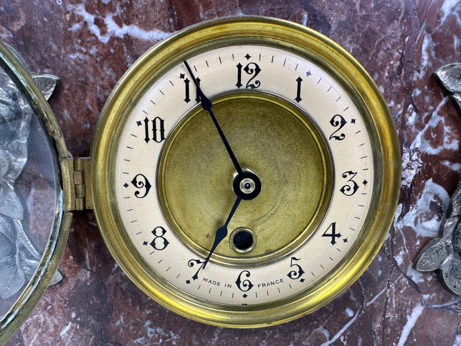 Vintage French Marble With Applied Metal Roses Mantle Clock Converted To Modern Quartz Movement Working 13'W X 5'D X 9'H [Photo 5]