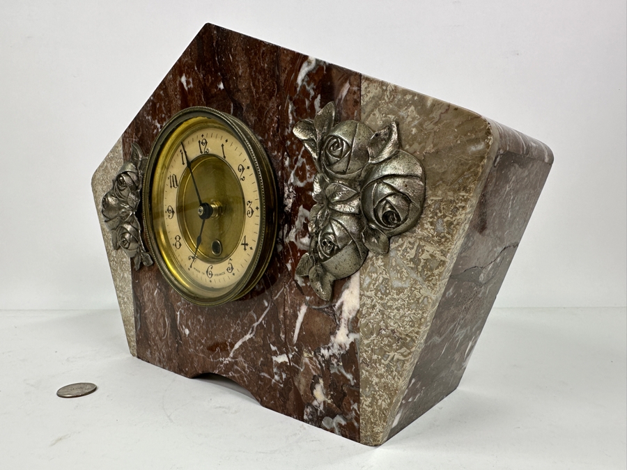 Vintage French Marble With Applied Metal Roses Mantle Clock Converted To Modern Quartz Movement Working 13'W X 5'D X 9'H [Photo 7]