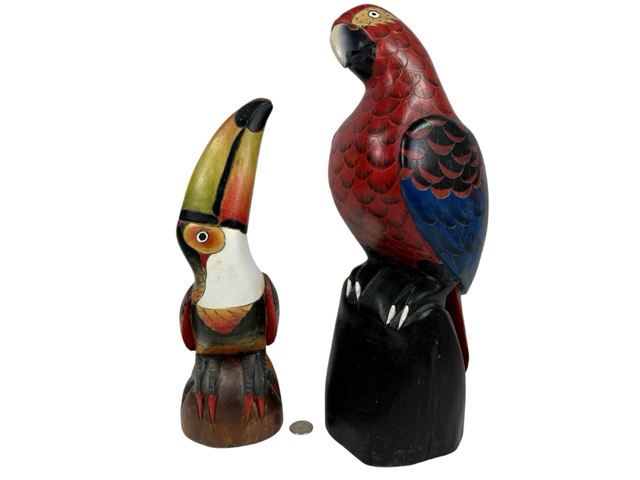 Hand Carved / Hand Painted Toucan 13'H & Parrot 16'H Bird Sculptures [Photo 1]