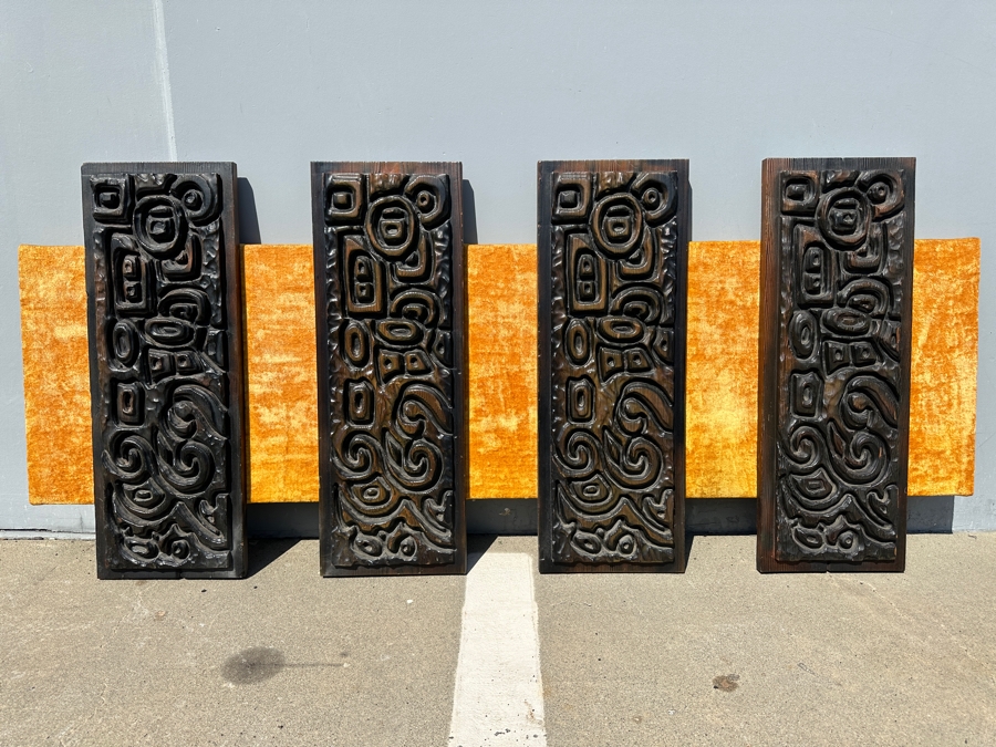 Hand Relief Carved Wooden South American 4-Panel Wall Artwork Sculpture On A Golden Velvet Panel 74.5'W X 4'D X 32'H [Photo 3]