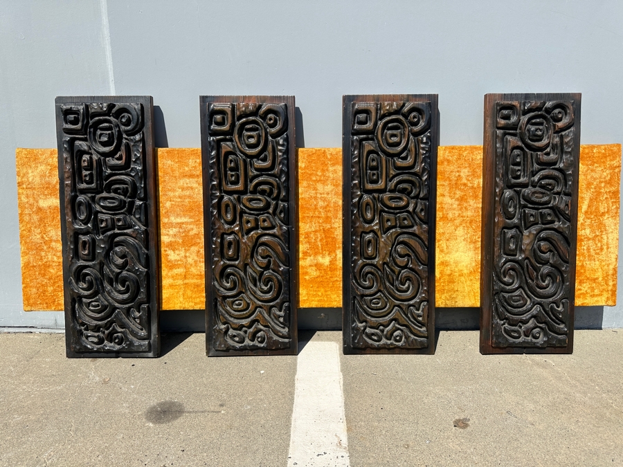 Hand Relief Carved Wooden South American 4-Panel Wall Artwork Sculpture On A Golden Velvet Panel 74.5'W X 4'D X 32'H [Photo 4]