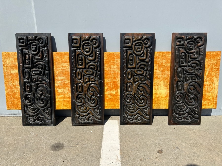 Hand Relief Carved Wooden South American 4-Panel Wall Artwork Sculpture On A Golden Velvet Panel 74.5'W X 4'D X 32'H [Photo 2]