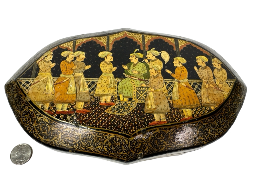 Vintage Hand Painted Lacquer Box Pictorial Scene India 9'W X 5'D X 3.5'H [Photo 1]