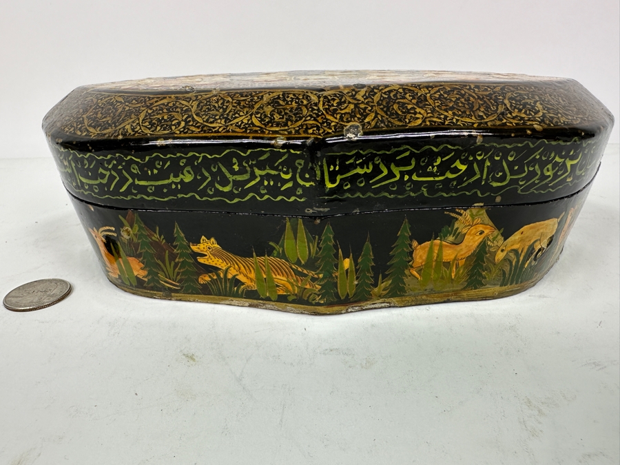 Vintage Hand Painted Lacquer Box Pictorial Scene India 9'W X 5'D X 3.5'H [Photo 4]