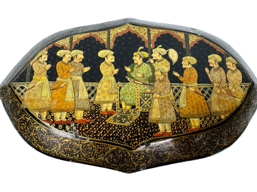 Vintage Hand Painted Lacquer Box Pictorial Scene India 9'W X 5'D X 3.5'H [Photo 2]