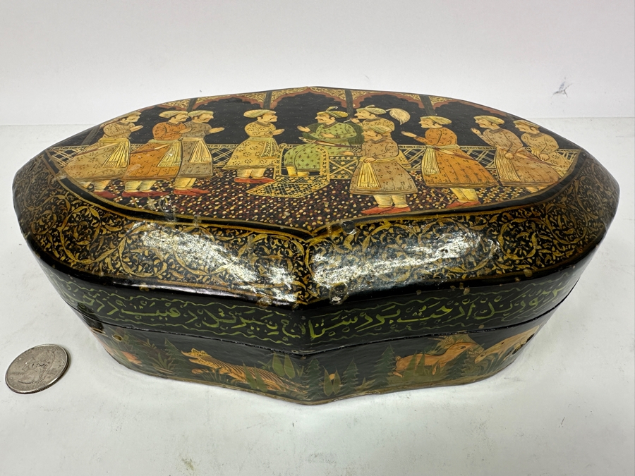 Vintage Hand Painted Lacquer Box Pictorial Scene India 9'W X 5'D X 3.5'H [Photo 3]