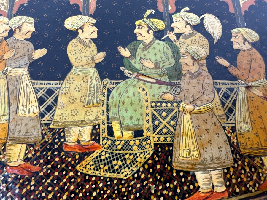 Vintage Hand Painted Lacquer Box Pictorial Scene India 9'W X 5'D X 3.5'H [Photo 10]