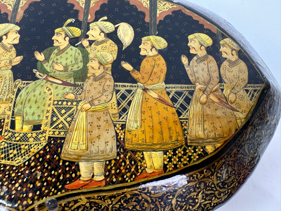 Vintage Hand Painted Lacquer Box Pictorial Scene India 9'W X 5'D X 3.5'H [Photo 12]