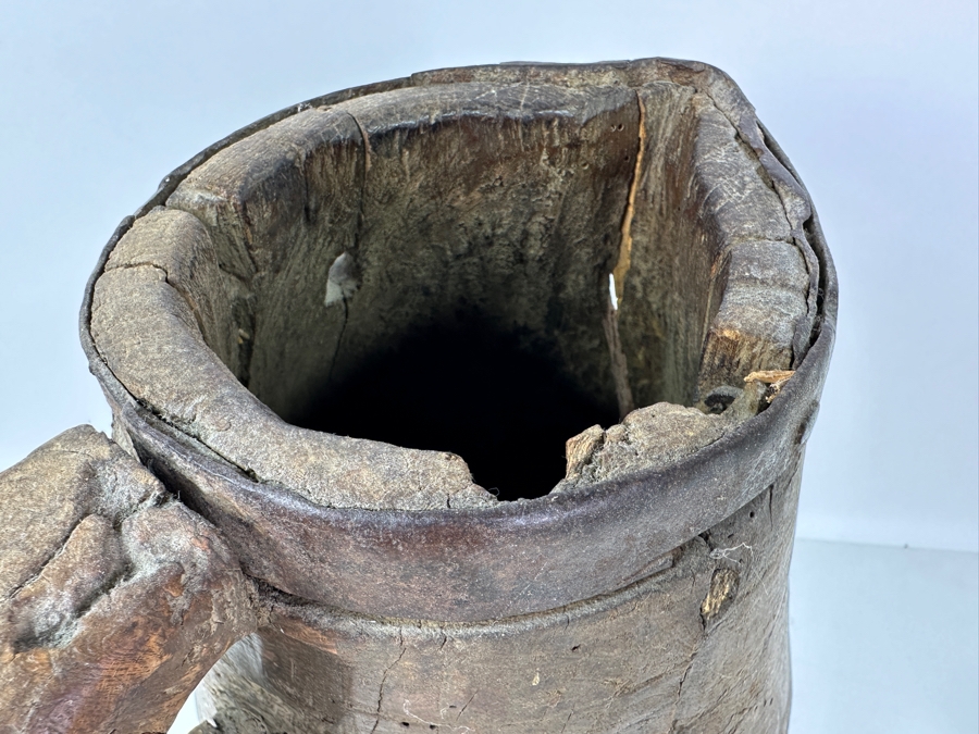 Primitive Wooden And Wrought Iron Pitcher Vessel With Writing On The Side 9'W X 16'H [Photo 19]