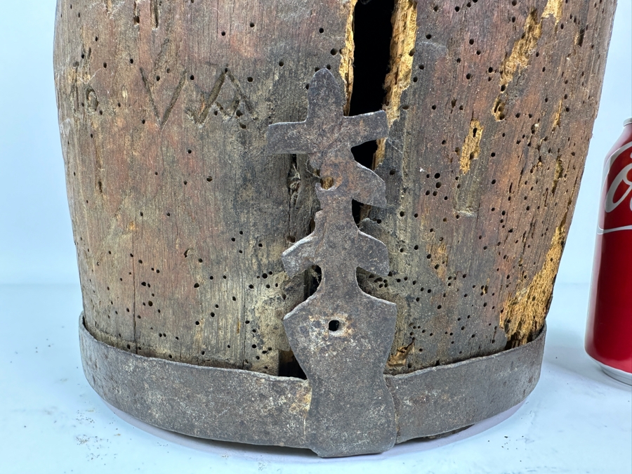 Primitive Wooden And Wrought Iron Pitcher Vessel With Writing On The Side 9'W X 16'H [Photo 7]