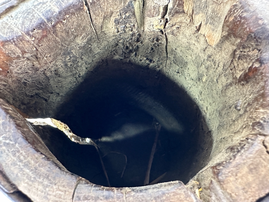 Primitive Wooden And Wrought Iron Pitcher Vessel With Writing On The Side 9'W X 16'H [Photo 21]