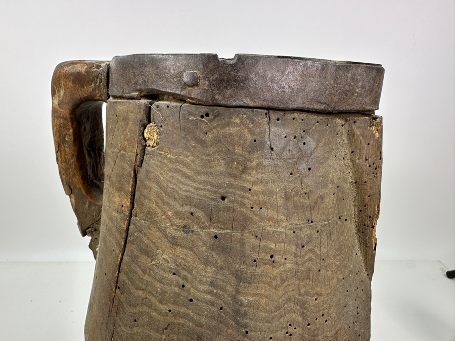 Primitive Wooden And Wrought Iron Pitcher Vessel With Writing On The Side 9'W X 16'H [Photo 25]