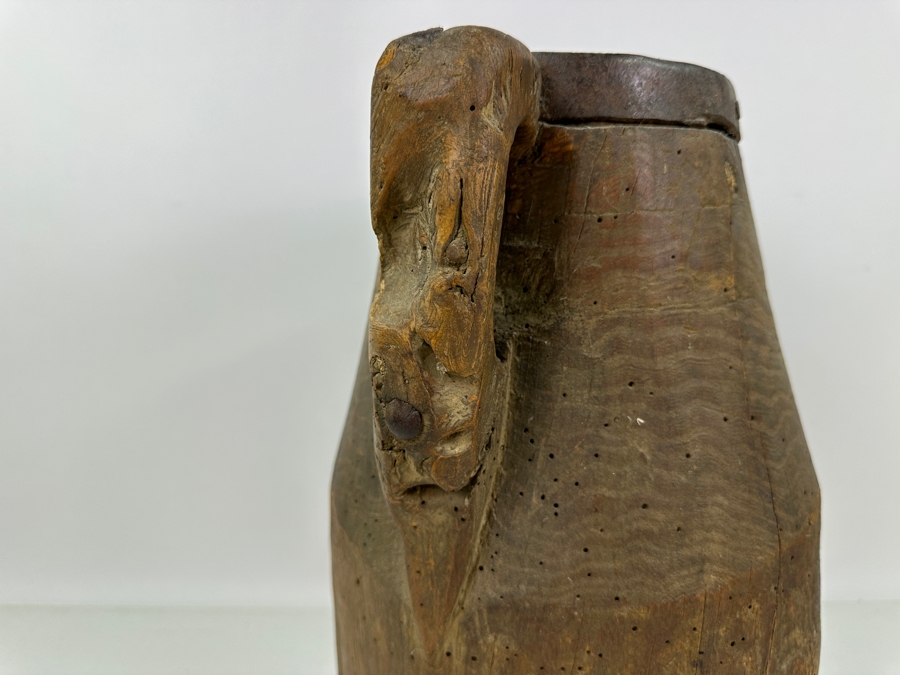 Primitive Wooden And Wrought Iron Pitcher Vessel With Writing On The Side 9'W X 16'H [Photo 18]
