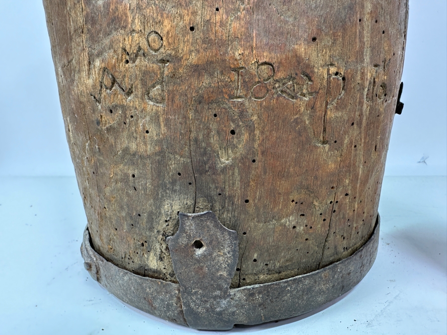 Primitive Wooden And Wrought Iron Pitcher Vessel With Writing On The Side 9'W X 16'H [Photo 14]