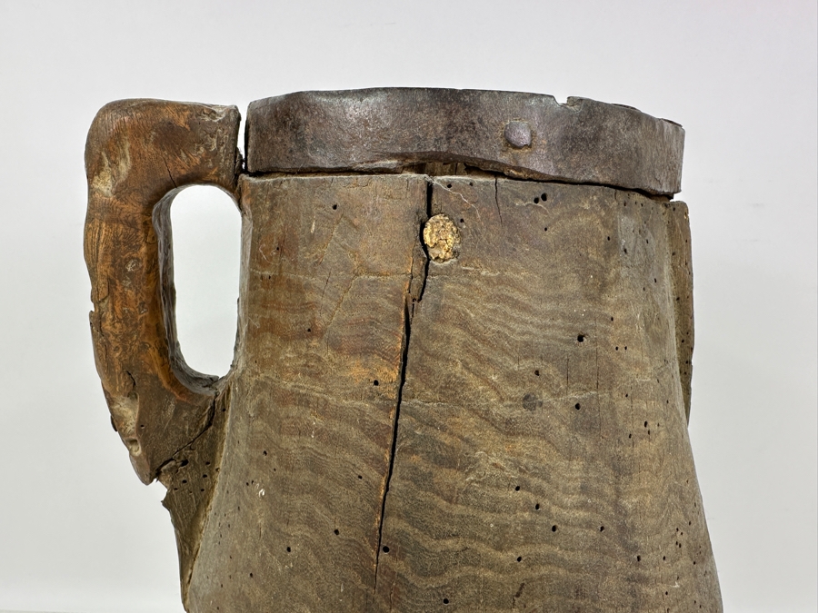 Primitive Wooden And Wrought Iron Pitcher Vessel With Writing On The Side 9'W X 16'H [Photo 16]