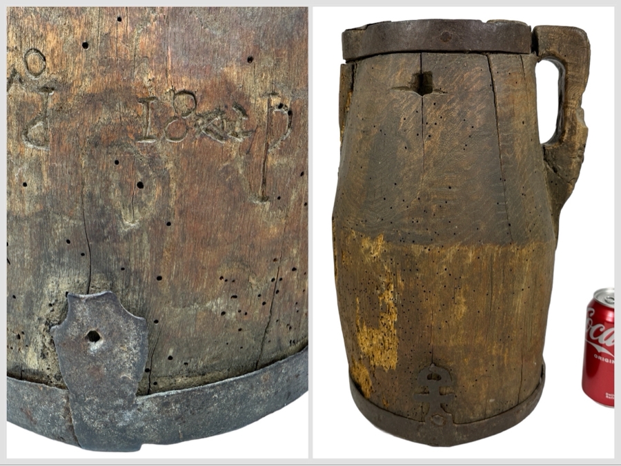 Primitive Wooden And Wrought Iron Pitcher Vessel With Writing On The Side 9'W X 16'H [Photo 1]