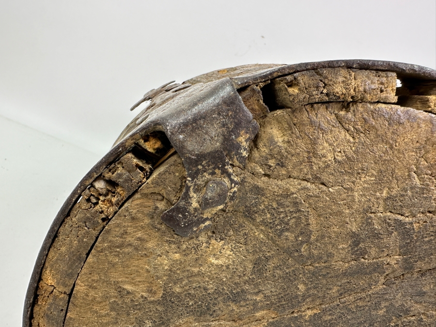 Primitive Wooden And Wrought Iron Pitcher Vessel With Writing On The Side 9'W X 16'H [Photo 24]