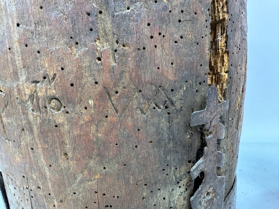 Primitive Wooden And Wrought Iron Pitcher Vessel With Writing On The Side 9'W X 16'H [Photo 12]