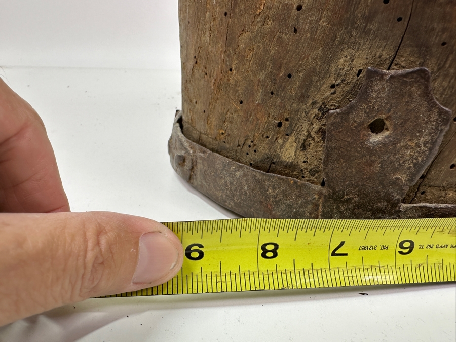 Primitive Wooden And Wrought Iron Pitcher Vessel With Writing On The Side 9'W X 16'H [Photo 26]