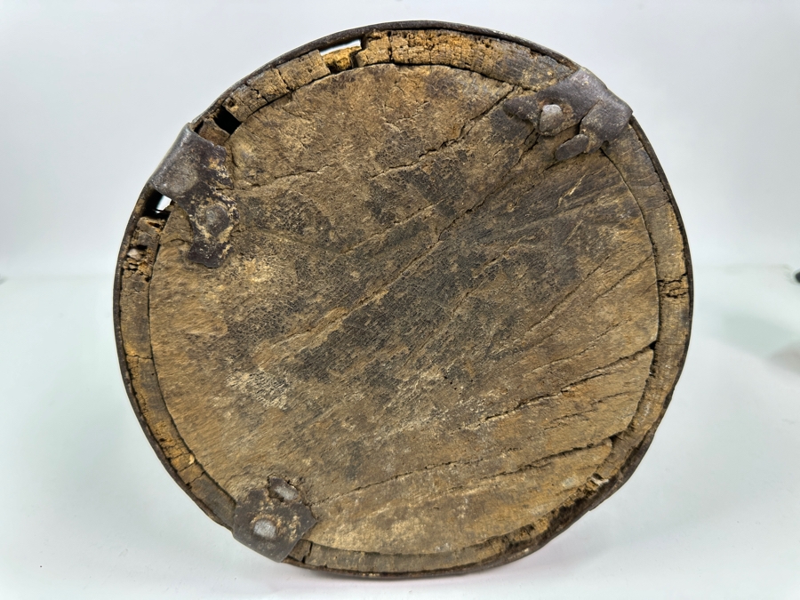Primitive Wooden And Wrought Iron Pitcher Vessel With Writing On The Side 9'W X 16'H [Photo 22]