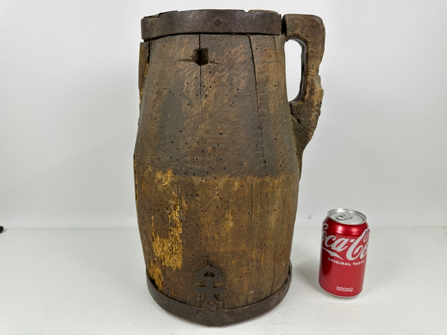 Primitive Wooden And Wrought Iron Pitcher Vessel With Writing On The Side 9'W X 16'H [Photo 4]