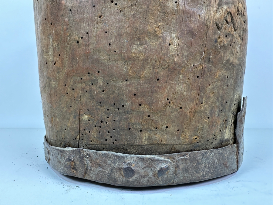 Primitive Wooden And Wrought Iron Pitcher Vessel With Writing On The Side 9'W X 16'H [Photo 17]