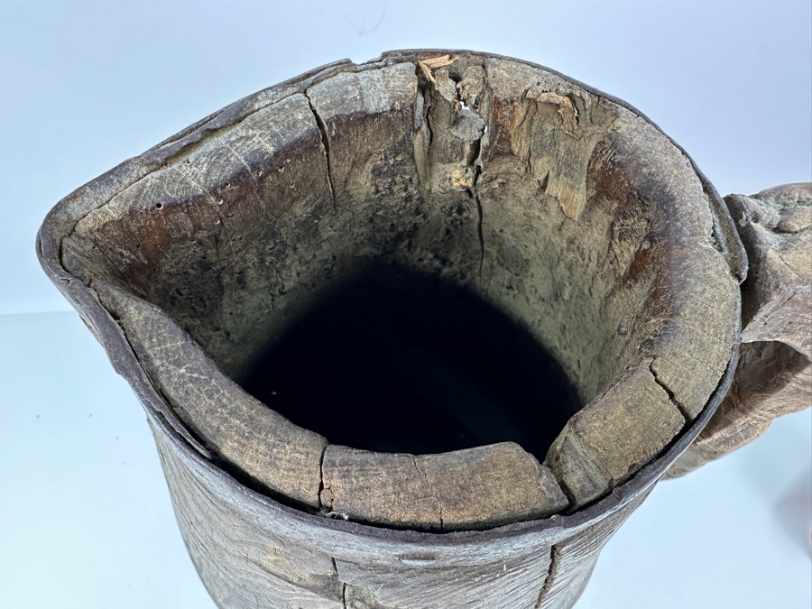 Primitive Wooden And Wrought Iron Pitcher Vessel With Writing On The Side 9'W X 16'H [Photo 20]