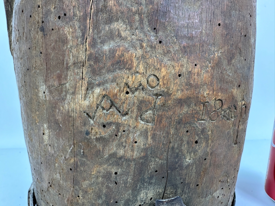 Primitive Wooden And Wrought Iron Pitcher Vessel With Writing On The Side 9'W X 16'H [Photo 13]