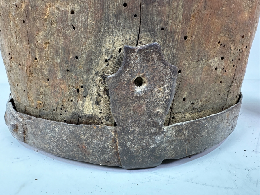 Primitive Wooden And Wrought Iron Pitcher Vessel With Writing On The Side 9'W X 16'H [Photo 15]