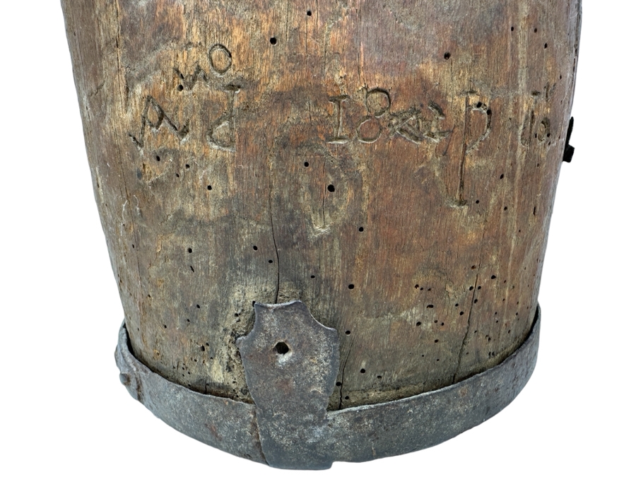 Primitive Wooden And Wrought Iron Pitcher Vessel With Writing On The Side 9'W X 16'H [Photo 3]